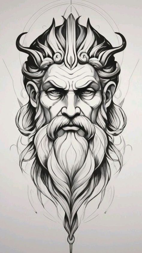 Geometrical Tattoo Design, Poseidon Drawing, Geometrical Tattoo, Geometric Tattoo Leg, Poseidon Statue, Animal Stencil Art, Norse Mythology Tattoo, Wave Tattoo Design, Poseidon Tattoo