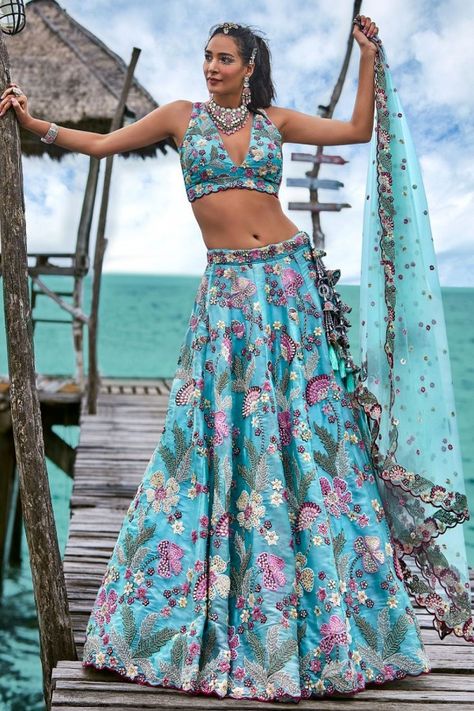 Aqua Blue Organza Embroidered Bridal Lehenga Set Embroidery Lehenga, Cyan Colour, Blue Organza, Organza Lehenga, Turquoise Blue Color, Ghagra Choli, Bridal Lehenga Choli, Blue Party, Designer Lehenga Choli