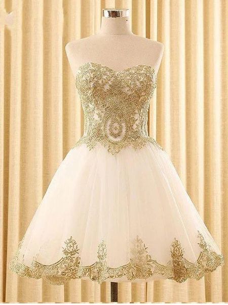 Sweetheart Gold Lace White Tulle Short Cheap Homecoming Dresses Online – SposaDresses Dresses Bride, Dama Dresses, Homecoming Dresses Lace, Cheap Homecoming Dresses, Satin Tulle, Graduation Dresses, Lace Homecoming Dresses, White Tulle, Beauty Dress