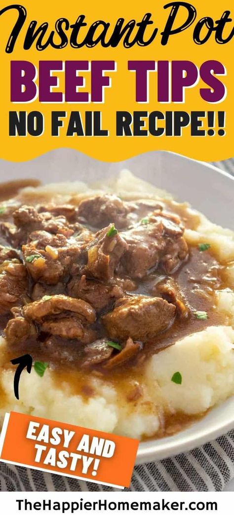 Instant Pot Beef Tips are tender and flavorful thanks to pressure cooking in a savory brown gravy. Serve these easy beef tips over mashed potatoes or rice for the ultimate comfort food meal. Easy Beef Tips And Gravy Instant Pot, Beef In Instant Pot Recipes, Recipe With Stew Meat Instant Pot, Instant Beef Tips, Pressure Cook Beef Tips, Sirloin Beef Tips Recipes Instant Pot, Instant Pot Baked Steak And Gravy, Stewed Beef Instant Pot Recipes, Instant Pot Stew Meat And Gravy