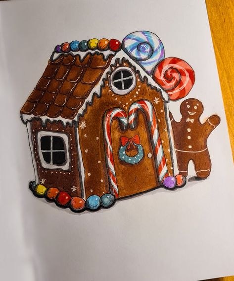 Gingerbread Houses Drawing, Gingerbread House Drawing Ideas, Christmas Gingerbread House Drawing, Gingerbread House Sketch, Cute Christmas Drawings Aesthetic, How To Draw A Gingerbread House, Gingerbread House Drawings, Ginger Bread House Drawing, Gingerbread Drawings