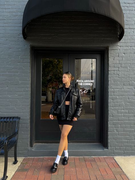 Loafers Leather Jacket, Leather Jacket Loafer Outfit, Leather Jacket With Loafers, Leather Jacket And Loafers Outfit, Shiny Black Loafers Outfit, Loafers And Leather Jacket, Hailey Bieber Loafers, Loafers And Socks Outfits, Hailey Bieber Leather Jacket