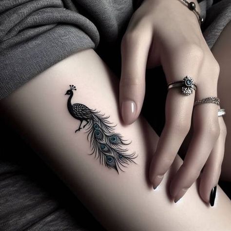 Peacock Thigh Tattoo For Women, Black Peacock Tattoo, Peacock Tattoo Black And White, Peacock Tattoo Ideas, Small Peacock Tattoo, Olivia Tattoo, Peacock Tattoo Designs, Peacock Tattoos, Luck Tattoo