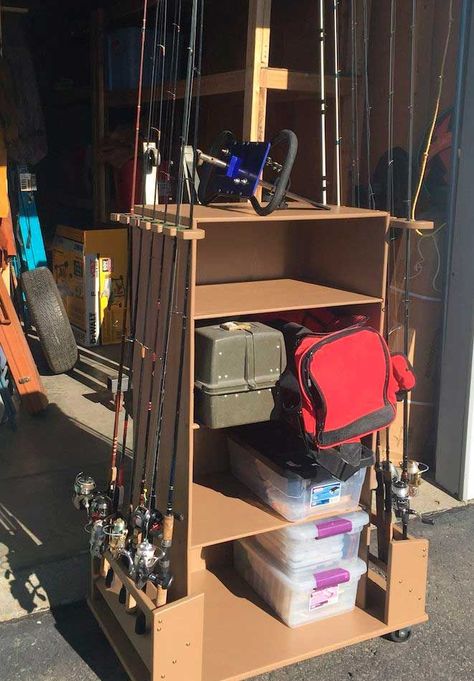 Diy Fishing Organization, Fishing Tackle Storage Ideas, Fishing Organization Ideas, Fishing Pole Storage Diy, Fishing Storage Ideas, How To Organize Fishing Stuff, Fishing Pole Storage Diy Garage, Hunting Gear Organization, Fishing Cabinet