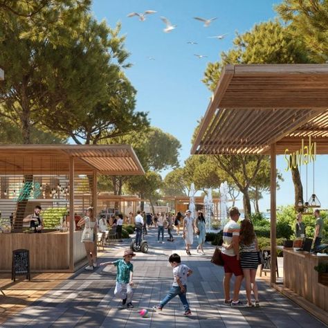 Outdoor Eating Spaces Public, Pavilion Architecture Public Spaces, Foodcourt Design Outdoor, Resort Master Plan, Waterfront Architecture, Plaza Design, Town Planning, Public Space Design, Foster Partners