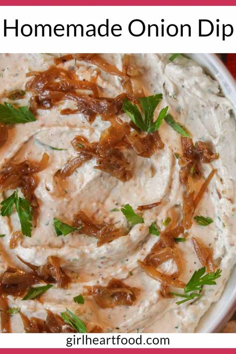 This delicious homemade onion dip has flavourful caramelized onions with a cream cheese and cottage cheese base. Great for parties, game day and casual entertaining. #homemadeoniondip #oniondip #caramelizedoniondip #onionchipdip #oniondiprecipe #oniondipwithoutsourcream #partydip #gamedayrecipe #creamcheesedip #oniondipfromscratch Hot Onion Dip, Homemade Onion Dip, French Onion Dip Recipe, Onion Dip Recipe, Caramelized Onion Dip, Easy Dip, Vegan Worcestershire Sauce, French Onion Dip, Healthy Appetizer Recipes