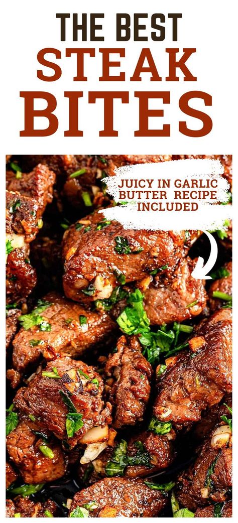 Get ready to dive into these mouthwatering garlic butter steak bites! They're like a flavor explosion with juicy beef and creamy butter goodness all rolled into one. Whether you're hosting a fancy dinner or just chilling at home, these bites are a must-try. Seriously, once you taste them, you won't want to go back to ordinary steak recipes. Trust me, this recipe is a total game-changer! #beefsteakrecipes#healthydinnerrecipes #steakappetizers Beef Bits Recipes, Bad Batch Baking Garlic Butter Steak Bites, Ideas For Roast Meat, Steak And Chips Dinner, Beef Tips Dinner Ideas, Blackstone Steak Bites, Beef Tenderloin Bites, Ball Tip Steak Recipes, Keto Garlic Butter Steak Bites