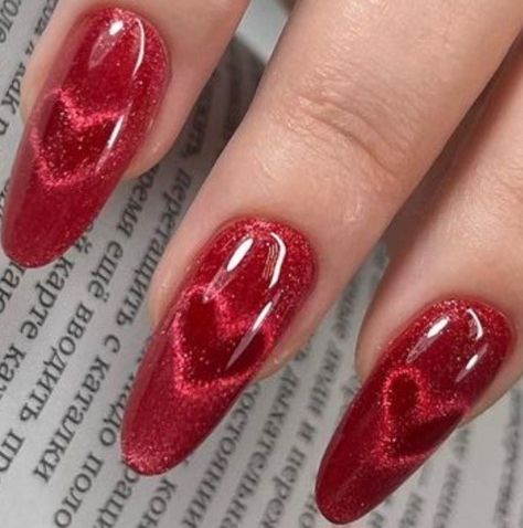 Heart cat eye velvet red nails Cat Eye Nails Heart Design, Velvet Red Nails, Heart Cat Eye Nails, Square Cat Eye Nails, Red Cat Eye Nails Design, Red Cateye Nails, Red Cat Eye Nails, Red Cat Eye, Velvet Nails