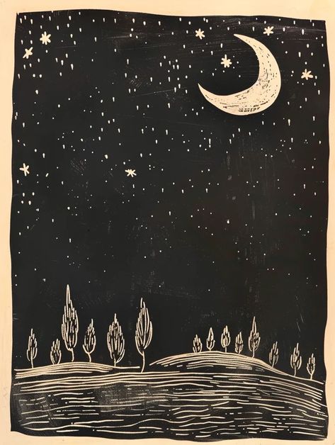 A linoleum print of a night sky with a crescent moon and many stars. There are trees on the horizon ->> more details in ai-img-gen.com Moon And Stars Illustration, Night Sky With Moon, Night Sky Illustration, Night Sky Artwork, Christmas Moon, Dark Silhouette, Linoleum Print, Night Illustration, Star Illustration