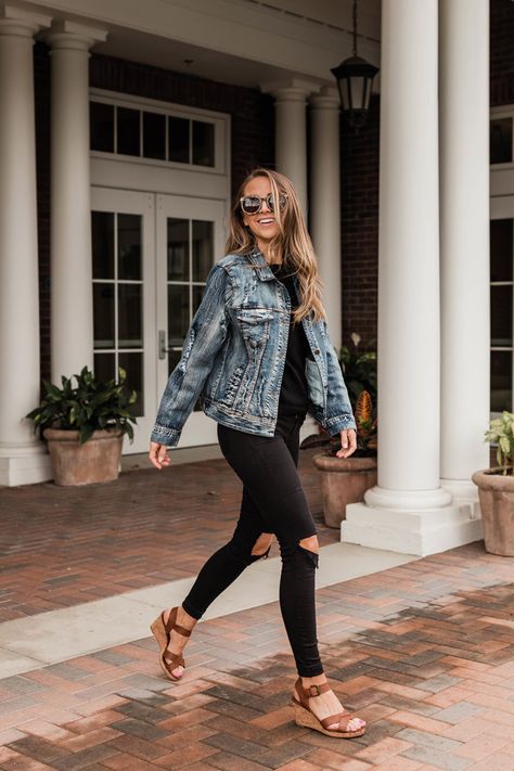 black on black, a denim jacket, and wedge sandals | merricksart.com @rackroomshoes #sponsored #rackroomshoes Jeans And Brown Sandals Outfit, Outfits With Brown Sandals, Brown Wedge Sandals Outfit, Wedges Sandals Outfit, Brown Wedges Outfit Summer, Casual Outfit With Wedges, Datenight Spring Outfit, Jeans And Wedges Outfit, Womens Wedge Sandals