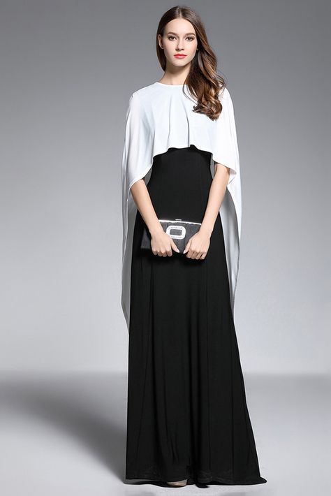 Two Piece Cape Style Black White Formal Dress Black And White Evening Dress, Black And White Evening Dresses, Evening Dress With Cape, Color Block Fashion, Long Party Dresses, Ruffles Pattern, Colour Blocking Fashion, Prom Dresses Boho, Dress With Cape