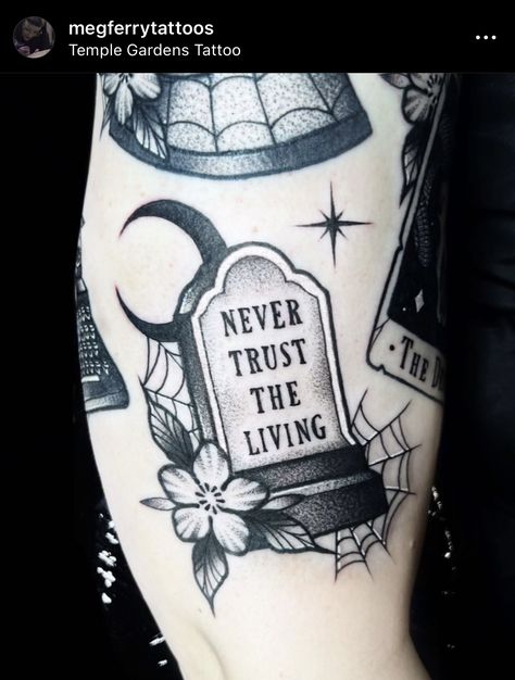 Beetlejuice Tattoo Never Trust The Living, Can I Keep You Tattoo, American Traditional Tim Burton Tattoo, Picture To Burn Tattoo, Victorian Sleeve Tattoo, Spooky Wrist Tattoo, Tim Burton Hand Tattoo, Harry Potter Tattoo Drawings, Michael Meyer Tattoo