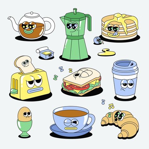 sundayzzz ☕️✨ | Instagram Coffee Pot Illustration, Lauren Martin Art, Breakfast Stickers, Takeaway Coffee Cup, Different Facial Expressions, Retro Mascot, Stack Of Pancakes, Takeaway Coffee, Coffee Cartoon