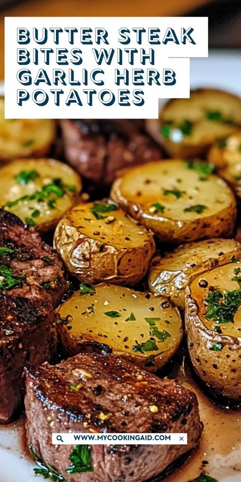 Experience melt-in-your-mouth Butter Steak Bites complemented by crispy Garlic Herb Potatoes! This delightful recipe combines rich flavors and a satisfying texture, making it a must-try for steak lovers! Pot Roast Steak Bites, Steak Potatoes Broccoli, Keto Steak Dinner Ideas Easy, Steak Easy Dinner Recipes, Dinners With Flank Steak, Garlic Butter Steak Foil Packs, Healthy Garlic Steak Bites, Roasted Potatoes And Steak Bites, Steak And White Rice