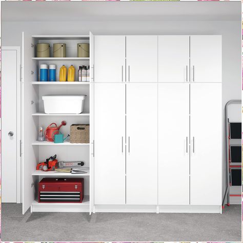 Prepac D Elite Storage Cabinet Set, 6 pc, White Basement Storage Cabinets, Garage Closet, Kitchen Appliance Storage, Grey Laminate, Mdf Doors, Shop Cabinets, Garage Interior, Garage Cabinets, Garage Storage Cabinets