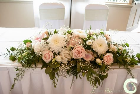 Blush pink and ivory ceremony table arrangement Bridal Table Flowers, Top Table Flowers, Cream Wedding Flowers, Wedding Top Table, Ivory Wedding Flowers, Wedding Flower Design, Table Flower Arrangements, Table Arrangements Wedding, Blush Wedding Flowers