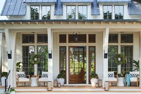 Why The Porch Is The Most Southern Spot In Any Home Southern Homes Exterior Wraparound Porch, Large Front Porch Seating Ideas, Southern Front Porch, Teak Adirondack Chairs, Southern Living Idea House, Southern Living House Plans, Gardening Vegetables, Southern House, Southern Living Homes