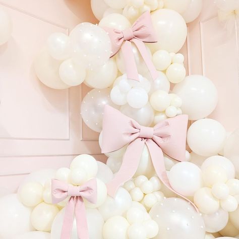 3 Birthday Decoration Ideas, Elegant First Birthday, Balloons With Bows On Them, Ribbons And Bows Baby Shower Theme, Baby Shower Bows Theme, Bows And Pearls Baby Shower Theme, Bow Theme Birthday Party, Coquette Themed Party, Bow Balloon Arch