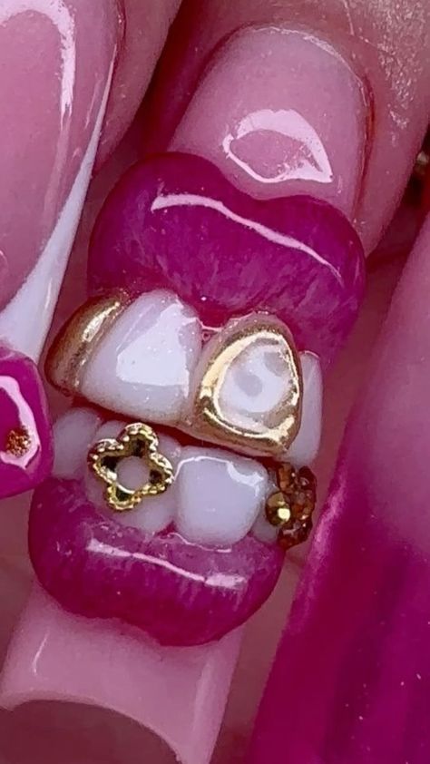 Lips Nail Design, Lips On Nails, Mouth Nail Art, Mouth Nails, Lip Nails, Customized Nails, 21st Birthday Nails, Acrylics Nails, Cozy Colors