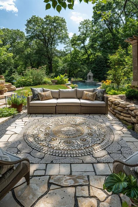 Flagstone Patio Design, Paver Patio Ideas, Stamped Concrete Walkway, Cobblestone Patio, Paver Ideas, Patio Addition, Outdoor Pavers, Paver Designs, Modern Outdoor Spaces