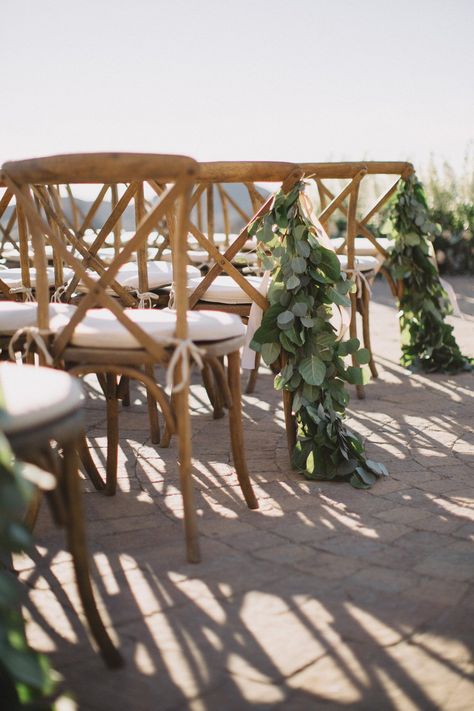 Chairs Photography, Wedding Ceremony Chairs, Alfresco Wedding, Chair Photography, Foliage Arrangements, Creative Centerpieces, Inside Weddings, Santa Monica Mountains, Wooden Table And Chairs