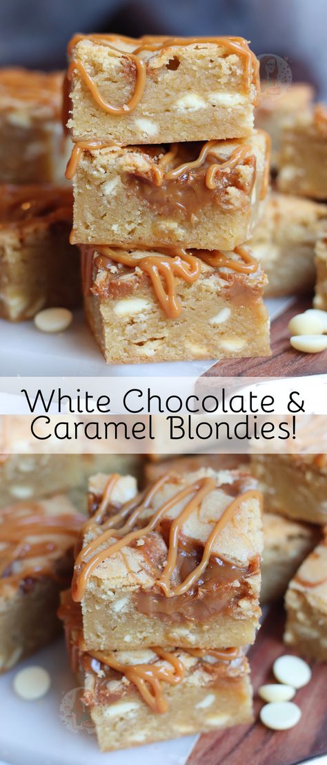 Easy and Delicious White Chocolate & Caramel Blondies with Caramel Sauce and White Chocolate Chips! Blondies Dessert, White Chocolate Blondies Recipe, Caramel Blondies, White Chocolate Caramel, Caramel Blondie, Caramel Dessert, Chocolate Blondies, White Chocolate Blondies, Janes Patisserie