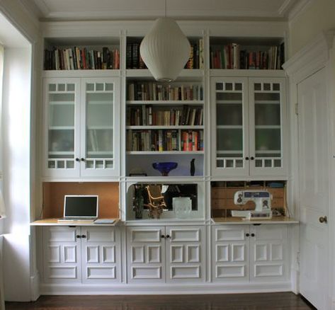 Desks-Dropped-Down Ikea Closets, Sewing Machine Desk, Hidden Desk, Fold Down Desk, Brooklyn House, Tv Area, Sewing Room Design, Wall Desk, Interior Renovation