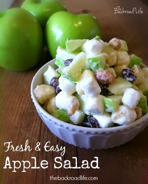 Quick and easy apple salad recipe. Great for simple servings or for large family meals. Fresh apple salad using apples, raisins, bananas, marshmallows, peanuts, and Miracle Whip. Apple Raisin Salad, Apple Salad With Cool Whip, Apple Salad With Marshmallows, Easy Apple Salad, Cobbler Apple, Picnic Pasta, Picnic Pasta Salad, Marshmallow Salad, Amazing Deserts