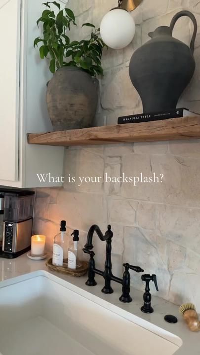 kristinanevans on TikTok Light Stone Kitchen Backsplash, Organic Kitchen Inspiration, Oven Wall Kitchen, French Farm Kitchen Ideas, Venetian Plaster Backsplash, Stone Kitchen Hood Ideas, Shelf On Backsplash, White Stone Backsplash Kitchen, Stone Wall Backsplash