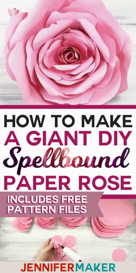 How to make a giant paper rose with free PDF pattern and SVG cut files #paperflower #cricut #silhouette Giant Paper Rose, Giant Paper Roses, Rolled Paper Flowers, Giant Roses, Fleurs Diy, Large Paper Flowers, Free Pdf Pattern, Paper Flower Template, Mason Jar Crafts Diy