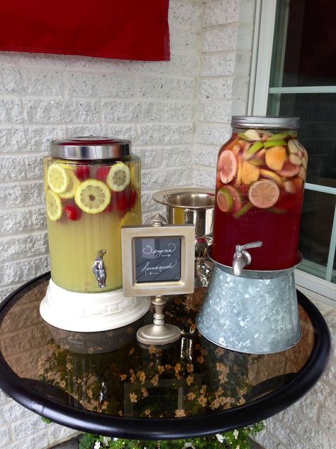 Drinks looking pretty at a graduation party I catered.  Great job Heather!  Family room bar. One with water. One with lemonade. One outside at bar with sangria. College Graduation Party Food, Easy Graduation Party Food, Grad Party Food, College Grad Party, Graduation Food, Orange Drink, Backyard Graduation Party, Outdoor Graduation Parties, Outdoor Graduation