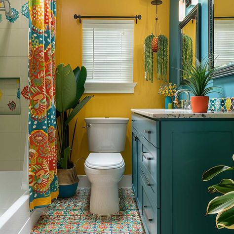 Small Toilets For Small Bathrooms, 70s Yellow Bathroom, Small Bohemian Bathroom Ideas, Small Bathroom Eclectic, Eclectic Small Bathroom, Two Toned Bathroom, Blue And Yellow Bathroom Ideas, Vintage Small Bathroom Ideas, Ecclectic Bathroom