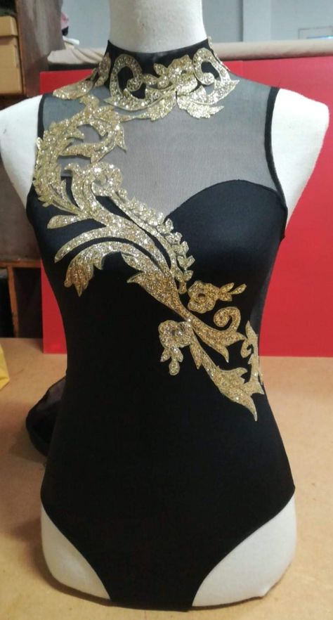 Black And Gold Dance Costume, Circus Leotard, Dance Leotards Unique, Freestyle Dance Costumes, Majorette Costumes, Dance Performance Outfits, Modern Dance Costumes, Solo Dance Costumes, Twirling Costumes