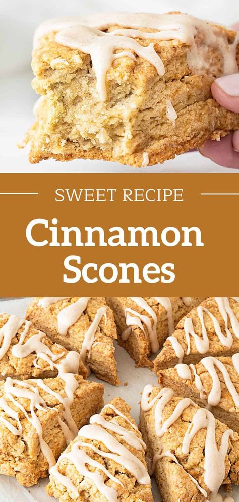 A fabulous sweet cinnamon scone recipe that bakes to a golden brown, has a soft interior and a delectable sugar glaze drizzle. You can plan them ahead and keep them frozen until they're ready to be baked. All my tips and tricks for making the best homemade scones are in the post. Caramel Scones Recipe, Home Made Scones Recipe, Cafe Baked Goods Ideas, Bakery Scones Recipe, Quick Scones Recipe, Oil Scones Recipe, Homemade Scones Recipes, How To Make Scones Recipes, Scones With Half And Half