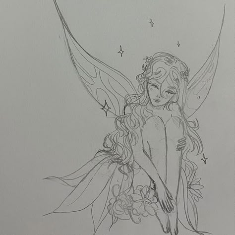 Aesthetic Fairy Drawing, Fairy Drawing Sketches, Fairy Line Drawing, Fairy Drawing Ideas, Fairy Sketches, Fairytale Drawings, Fairy Sketch, Fairy Tattoos, Fairy Drawings