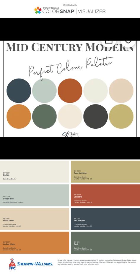 Mcm Earth Tones, Good Cabinet Colors, Mid Century Modern Wall Colors Living Rooms, Mid Century Modern Colour Scheme, 60s Paint Colors, Mid Century Eclectic Color Palette, Mcm Interior Paint Colors, Mid Century Modern Paint Colors Interior, Mid Century Bedroom Colors