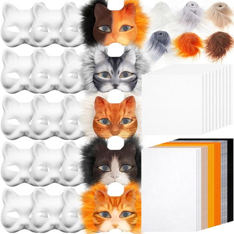 PRICES MAY VARY. You Will Receive: 20 paper cat masks, 24 sheets of felt fabric sheet measuring about 7.87 x 11.81 inches/ 20 x 30 cm, thickness about 1 mm, 10 plastic mesh sheets measuring about 3.94 x 3.94 inches/ 10 x 10 cm, 6 piece of faux fur fabric precut strips, this is a complete DIY kit, you can dye these into the color you want according to your needs White Cat Therian Mask: the package includes 6 pieces blank cat therian mask, made of quality paper, lightweight and easy to color, it i Therian Mask No Felt, Therian Stuff To Buy, Therian Mask Base, Felt Animal Masks Diy, Animal Masks Diy, Cat Therian Mask, Cat Masquerade Mask, Mask Wolf, Cat Mask Diy