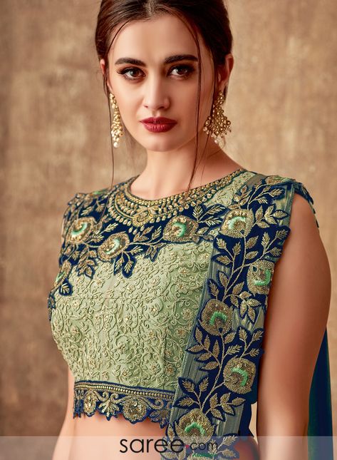 Light Green Silk Designer Woven Lehenga Saree with Embroidered Blouse Blouse Designs For Bride, Simple Lehenga Choli, Lehenga Style Saree, Partywear Sarees, Simple Lehenga, Pista Green, Indian Lehenga Choli, Reception Lehenga, Choli Blouse