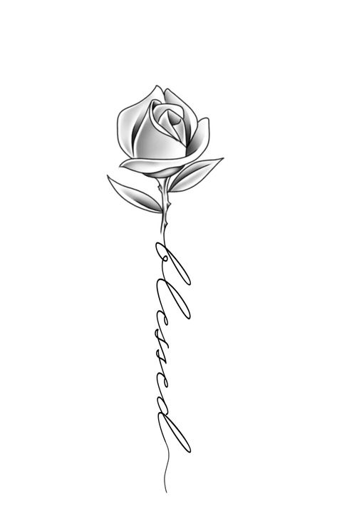 Rose With Blessed Tattoo, Flower Blessed Tattoo, Blessed Rose Tattoo Design, Blessed With Roses Tattoo, Tulip Tattoo Men, Ethan Tattoo, Name Tattoos For Girls, Blessed Tattoos, Rose Tattoo Stencil