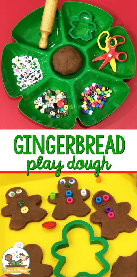 Printable Gingerbread Playdough Recipe. Do your kids love to play with playdough? Make this super easy gingerbread playdough for hours of learning and fun! #preschool #prek #prekpages Gingerbread Playdough Recipe, Gingerbread Man Preschool, Gingerbread Playdough, Gingerbread Play Dough, Gingerbread Unit, Gingerbread Man Activities, Gingerbread Activities, Easy Gingerbread, Preschool Christmas Activities