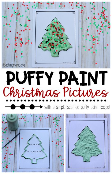 Puffy Paint Christmas Pictures - make your own puffy paint with just a few ingredients and use this free printable to create this craft! Gingerbread Puffy Paint, Christmas Puffy Paint Crafts, Puffy Paint Christmas Tree, Christmas Puffy Paint, Christmas Crafts For Pre Schoolers, Puffy Paint Christmas Crafts, Schoolers Crafts, Hanukkah Pictures, Puffy Paint Crafts