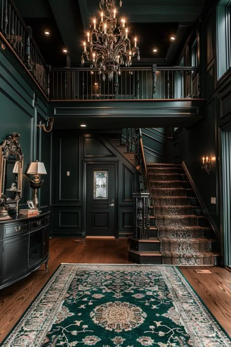 29 Dark Home Decor Ideas to Transform Your Space with Bold Elegance 8 Dark Georgian Interiors, Historic Houses Interior, Manor Home Interior, Modern Manor House Interior, Dark Manor Aesthetic, Moody Entryway Ideas, Moody Foyer, Old House Interior Design, Historical Homes Interior