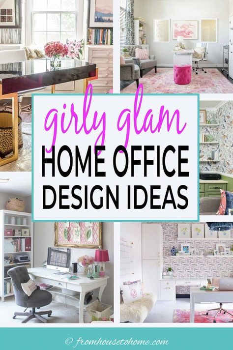 These girly glam home office ideas are gorgeous! With lots of pink, white and gold (plus a few other colors), there's some beautiful office decor ideas that will help you create a feminine and elegant home office #fromhousetohome #homedecor  #glamdecor #homeoffice #interiordecoratingideas Glam Home Office Ideas, Pink Home Office Ideas, Glam Office Ideas, Beautiful Office Decor, Girly Home Office, Womens Home Office, Glam Office Decor, Pink Home Office, Room Murals