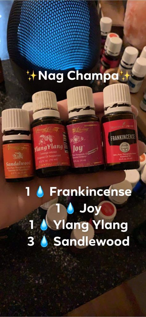 Nag Champa Essential Oil Recipe, Young Living Essential Oils Recipes, Essential Oil Diffuser Recipes, Oil Diffuser Recipes, Nag Champa, Essential Oil Blends Recipes, Essential Oil Mixes, Diffuser Recipes, Diy Oils