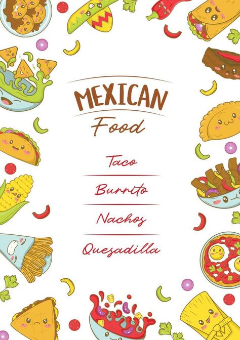 Mexican fast food menu template with kawaii food in cartoon doodle style. Poster for food fair and fisteval Mexican Food Menu, Food Festival Poster, Mexican Fast Food, Fair Poster, Food Stall Design, Food Fair, Food Doodles, Cartoon Food, Food Menu Template