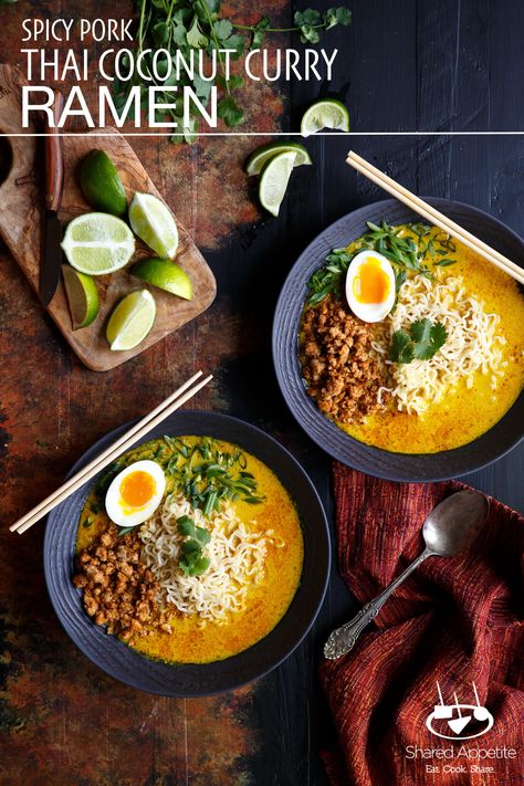 Spicy Pork Thai Coconut Curry Ramen | sharedappetite.com Inspired by the northern Thailand dish Khao Soi, this ramen soup is packed with flavor and is topped with spicy ground pork, a soft boiled egg, and scallions. Finish the perfect presentation with these beautiful bowls from @revolusa! #revolUSA #revol_usa #sponsored. You can find Revol products here: http://www.revol1768.com/ Coconut Curry Ramen, Thai Coconut Curry, Curry Ramen, Pork Ramen, Khao Soi, Thai Coconut, Spicy Pork, Coconut Curry, How To Cook Eggs