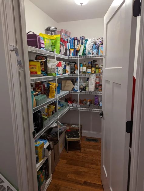 Small Walk in Pantry Ideas - Incorporate butcher block Small Walk In Pantry Closet, Small Walk In Pantry Size, Corner Kitchen Pantry Design Walk In, Small Walk In Corner Pantry, Walk In Pantry Organization Layout, 5x5 Walk In Pantry Layout, Corner Pantry Ideas Layout, U Shaped Pantry Shelves Walk In, Small Walkin Pantry Design Ideas