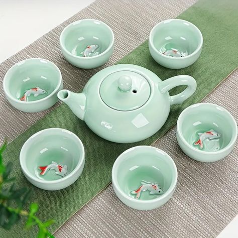 Tea Set Travel Chinese Kung Fu Ceramic Teapot Portable - Temu Asian Tea Sets, Coffee Pods Drawer, Green Porcelain, Japanese Tea Set, Carpe Koi, Ceramic Tea Set, Handmade Teapot, Celadon Green, Tea Tray