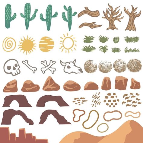 Desert Clip Art, Desert Drawing Ideas, Desert Theme Decor, Desert Drawing Easy, Desert Plants Illustration, Desert Plants Drawing, Concept Art Desert, Desert Landscape Drawing, Desert Motifs