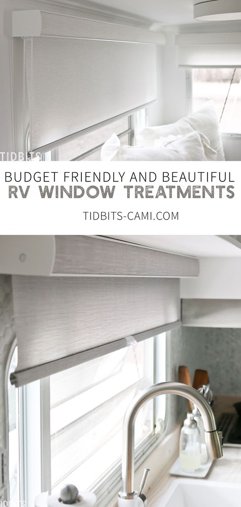 A closer look at the 3 varieties of budget friendly RV window treatments and blinds we installed in our RV renovation. #camitidbits #rvrenovation #tidbitsonwheels #rvblinds #rvwindowtreatments #rvmakeover #blindsgalore #windowtreatments Diy Camper Window Shades, Diy Rv Window Treatments, Travel Trailer Window Treatments, Window Treatments For Rv Windows, Caravan Window Coverings, Blinds For Rv Windows, Window Treatments For Campers, Camper Blinds Window Treatments, Diy Rv Window Coverings